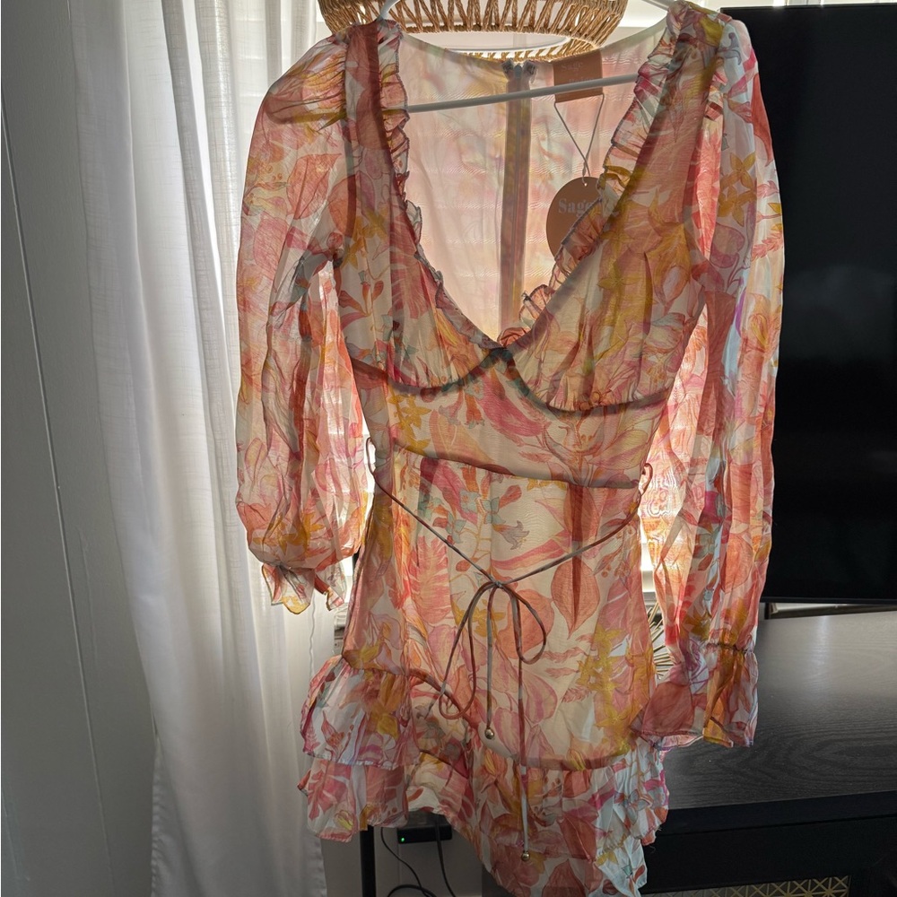 Sage and Paige Floral Ruffle Tie-Waist Mini Dress - Pink Peach Yellow